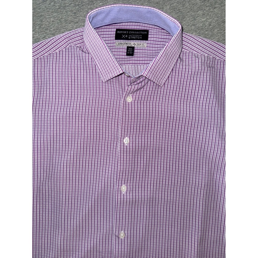 Report Collection Men Purple Plaid 4 Way Stretch Slim Fit Luxurious Size 15.5 34
